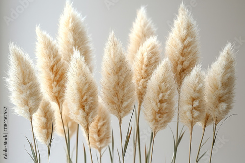 Slender dried pampas grass heads appearing featherlight against a softly diffused off-white background, photo