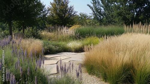 Scenic garden path winding through colorful grasses and flowering plants.