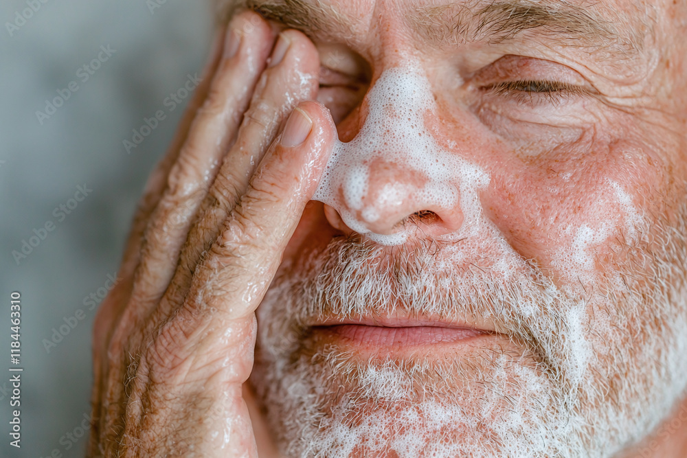mindful close up of elderly man gently exfoliating his face with soap, showcasing beauty of self care and relaxation. foam adds soothing touch to moment