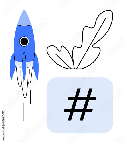 Blue rocket launching with abstract leaf and metadata tag icon. Ideal for innovation, growth, digital trends, nature, technology, social media, startups. Conceptual abstract line flat metaphor