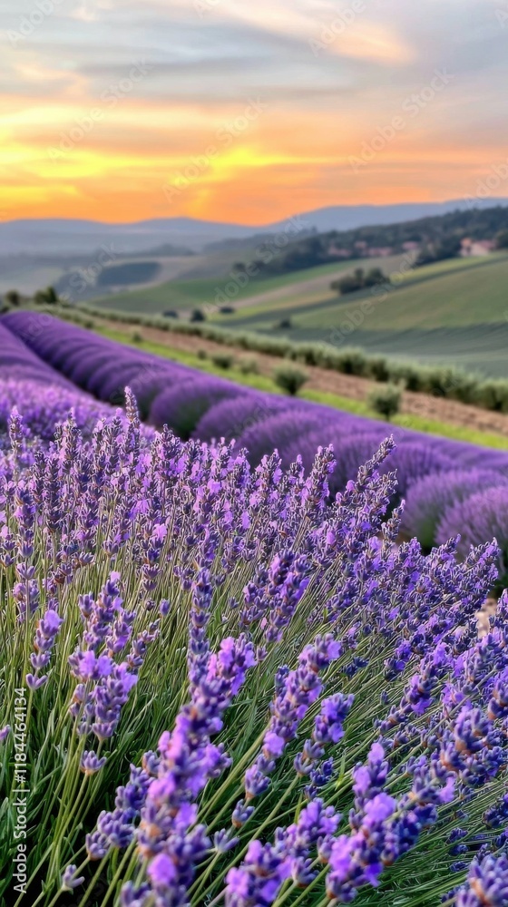 Naklejka premium Captivating Lavender Fields at Scenic Sunset in Countryside Landscape