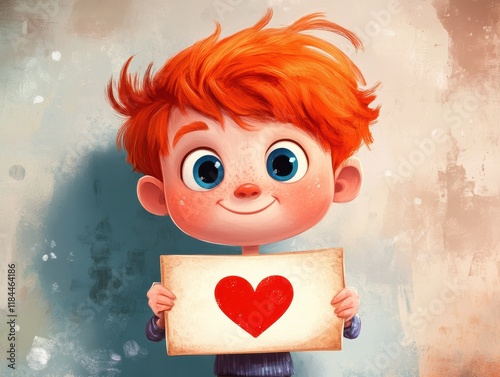 Joyful boy with round eyes whimsical background cartoon style high fidelity youthful charm