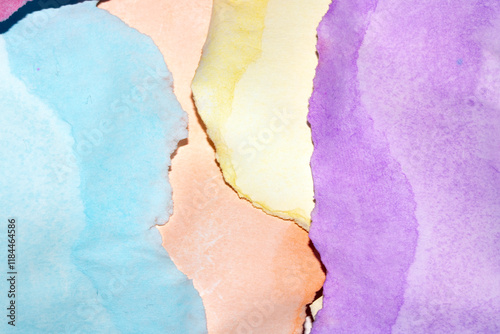 Pastel Rainbow Colour Ripped Torm Paper Background Painted with Watersolou Abstract photo