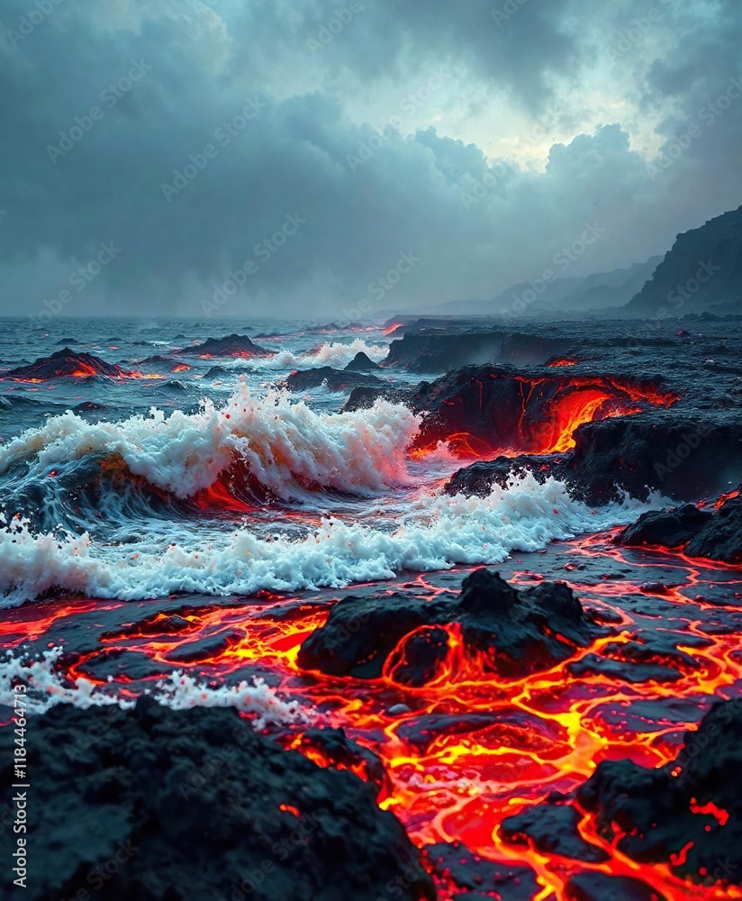 Naklejka premium Waves of fire crashing against an ocean of molten lava, turbulent, energy, fiery