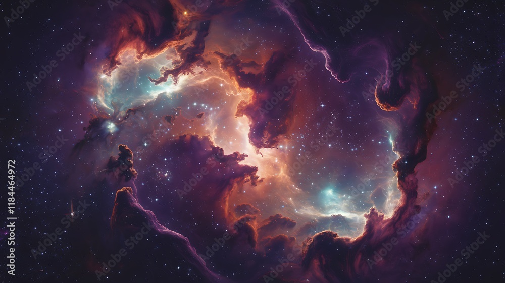Obraz premium A breathtaking cosmic scene showcasing a vibrant nebula filled with stars and colorful clouds of gas and dust
