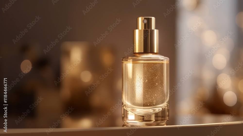 A close-up of a single frosted glass serum bottle with a matte gold pump and blank label, placed on a sleek gold mirror surface. Soft, ambient light creates subtle reflections, while the background fe A close-up of a single frosted glass serum bottle with a matte gold pump and blank label, placed on a sleek gold mirror surface. Soft, ambient light creates subtle reflections, while the background fe