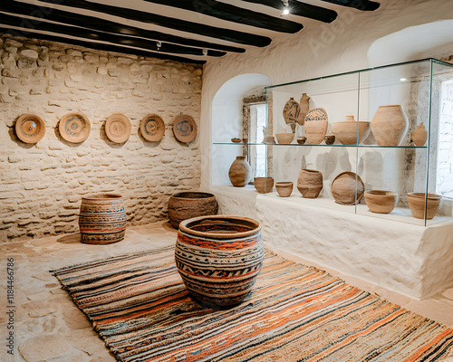 Ancient pottery and artifacts displayed in a historic stone building, showcasing cultural heritage and craftsmanship.