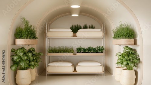 A large underground shelter designed for long-term survival, featuring bunk beds, storage racks filled with supplies, and a hydroponic garden for fresh food photo