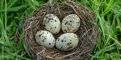 Nest of Golden Plover featuring four camouflaged eggs resting on grass, captured from an elevated view, showcasing the unique nesting behavior of this remarkable bird species.