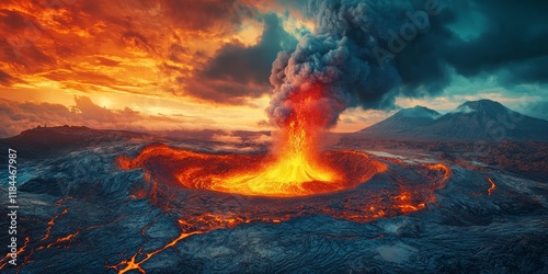 Volcano eruption captured in a dramatic scene, showcasing a smoking crater and an erupting volcano in a vibrant landscape. Witness the power and beauty of the volcano eruption in this stunning image.