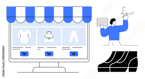 Online store interface with products, shopping cart buttons, person analyzing data with charts, bar graph. Ideal for e-commerce, technology, analytics, business strategy, market research retail