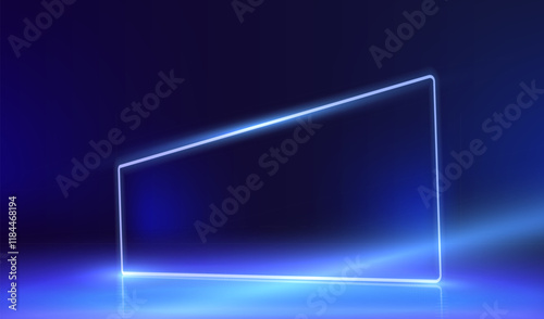 Podium with perspective glowing neon lamps. Stage light futuristic ai game design. Display game scene illumination concept. Empty studio show room vector.