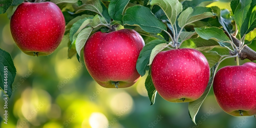 Obraz premium Vibrant red apples hanging from an apple tree branch, showcasing the beauty of ripe red apples against lush green leaves in a serene natural setting with a focus on the red apples.