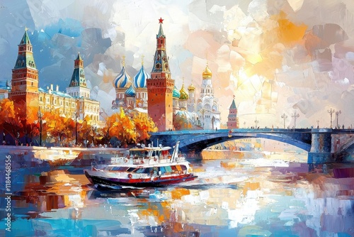 Oil painting of a scenic view in Russia featuring Big Ben. photo