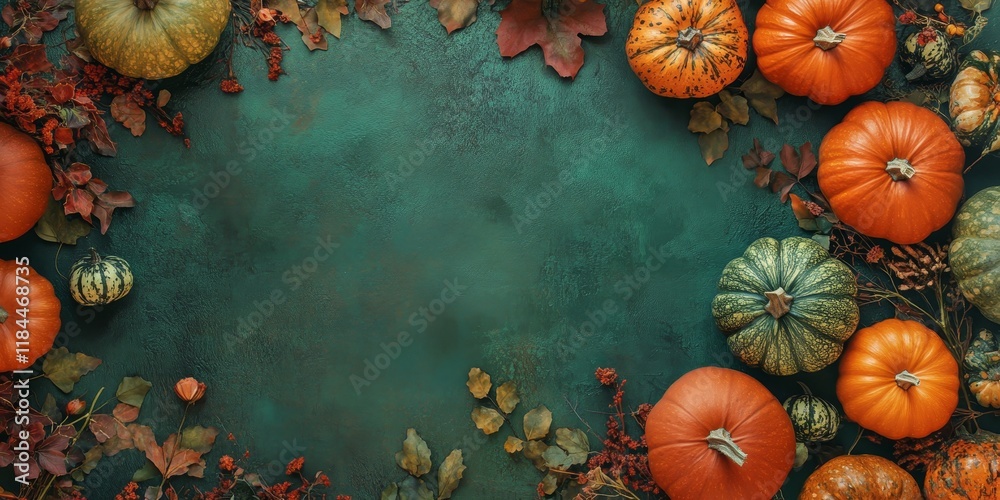 Experience the essence of the fall harvest season with this top vertical view of mature pumpkins. The pumpkins are surrounded by iconic autumn attributes on a green backdrop, providing space for text Experience the essence of the fall harvest season with this top vertical view of mature pumpkins. The pumpkins are surrounded by iconic autumn attributes on a green backdrop, providing space for text