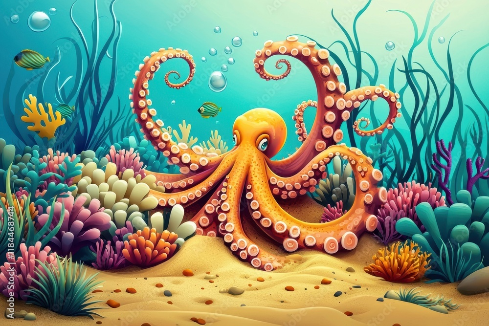 Obraz premium Mesmerizing artwork showcasing an octopus amidst vibrant algae and coral formations.