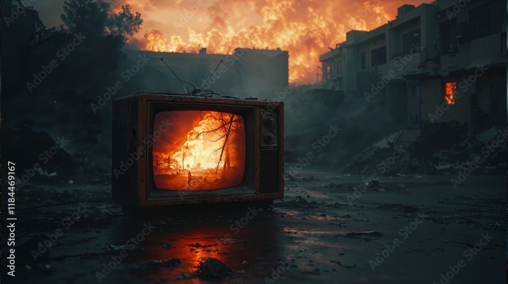 Obraz premium Old Television Displaying Fire Amidst Ruins of a Burning City