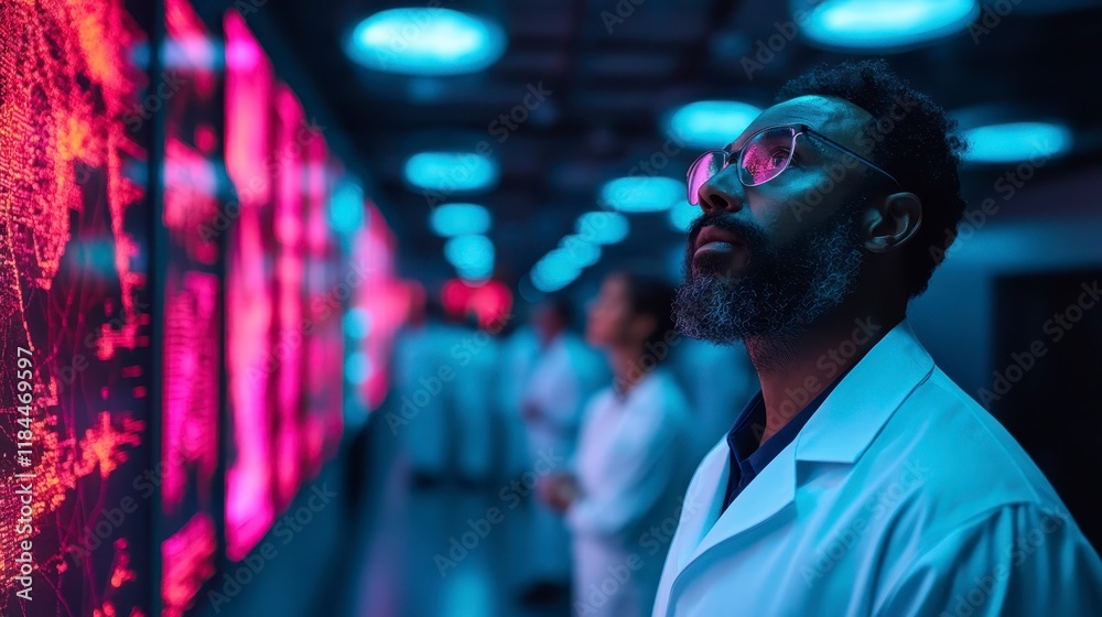 African American Male Scientist Studying Data on Illuminated Screens in Modern Lab African American Male Scientist Studying Data on Illuminated Screens in Modern Lab