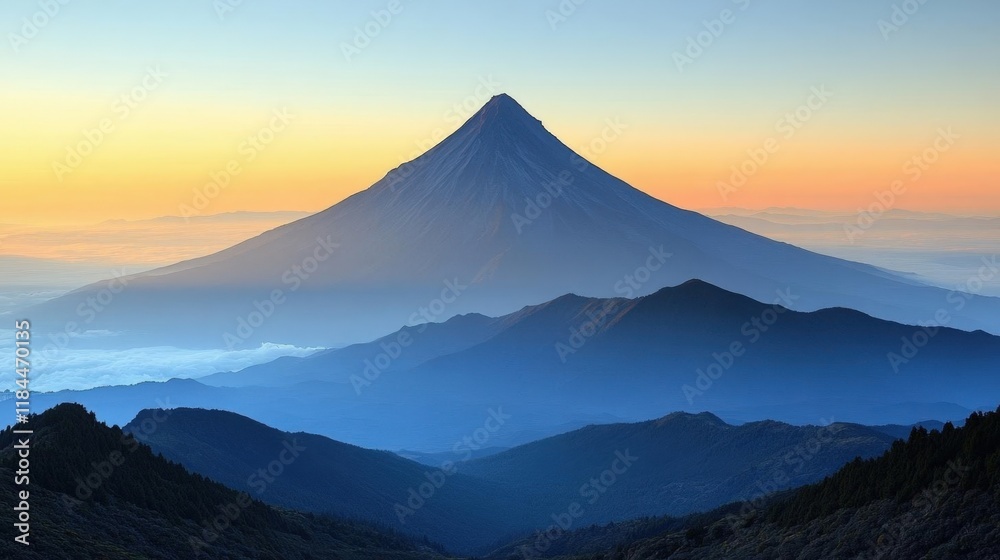 Majestic Volcano at Sunrise, Panoramic Mountain Landscape Majestic Volcano at Sunrise, Panoramic Mountain Landscape