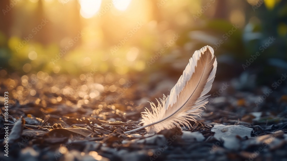 Feather resting on the ground amidst scattered light litter, creating a serene and natural ambiance with the feather complementing its surroundings beautifully. Feather resting on the ground amidst scattered light litter, creating a serene and natural ambiance with the feather complementing its surroundings beautifully.