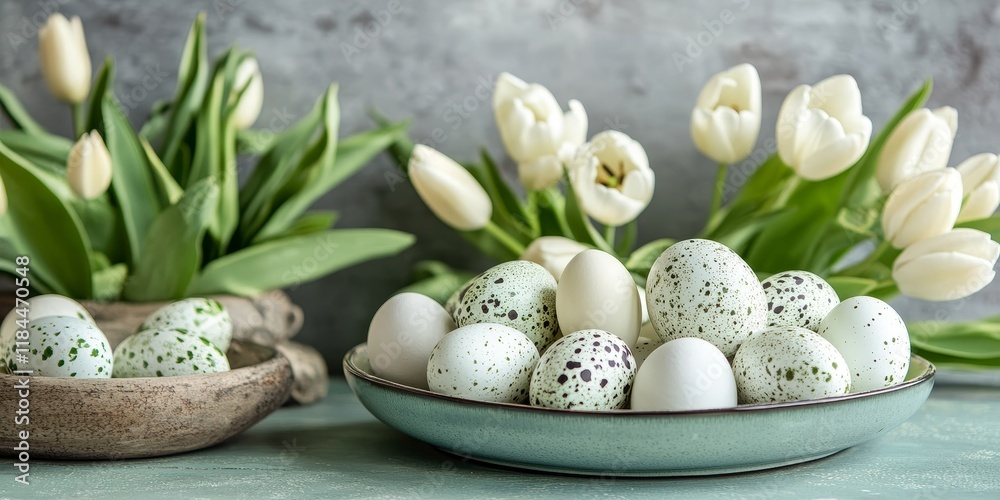Easter table decoration featuring beautifully arranged eggs alongside fresh white tulips, creating a festive and elegant Easter table decoration ambiance for celebrations. Easter table decoration featuring beautifully arranged eggs alongside fresh white tulips, creating a festive and elegant Easter table decoration ambiance for celebrations.
