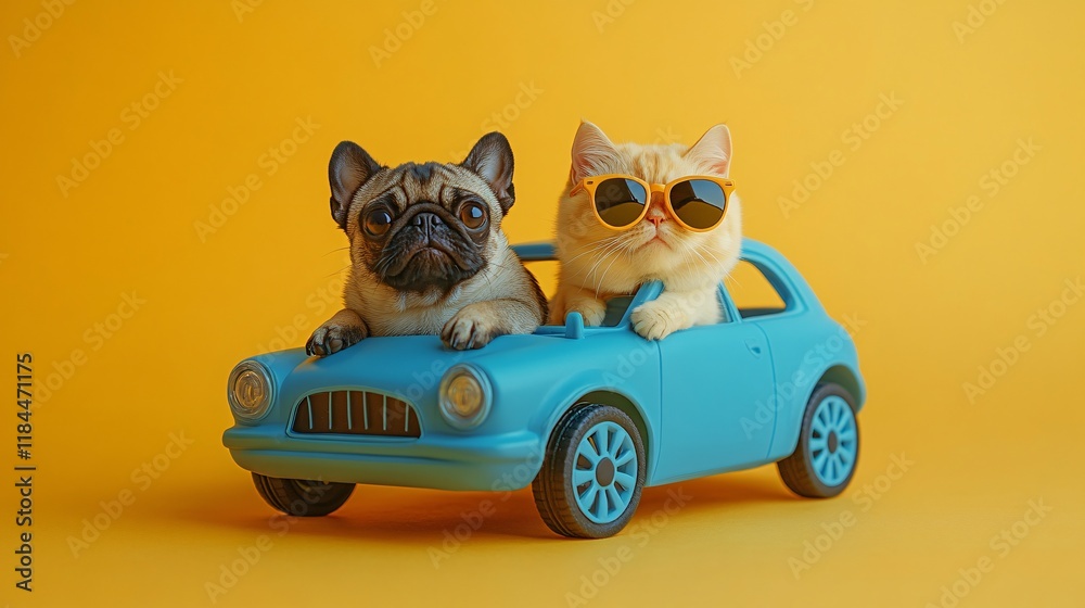 Cute dog and cat enjoying a sunny ride in a toy car against a bright yellow background