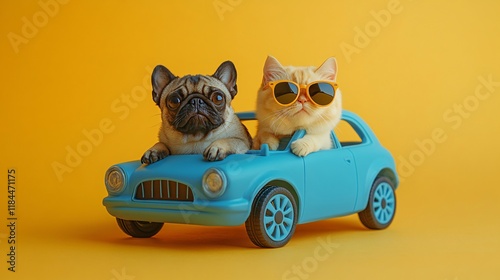 Obraz na płótnie Cute dog and cat enjoying a sunny ride in a toy car against a bright yellow background w salonie