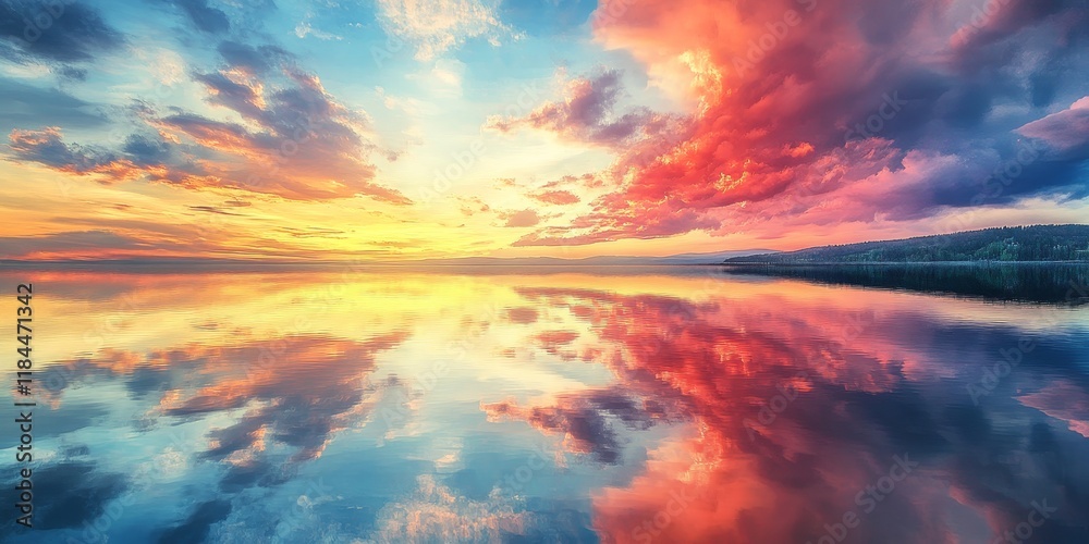 Obraz premium Colorful sky with clouds is mirrored in the lake, creating a stunning reflection. This colorful sky scene is perfect for backgrounds and evokes a serene atmosphere with its beautiful colors.