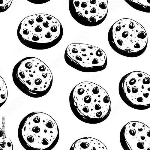 Collection of Chocolate chip cookies icons, Chocolate chip cookies vectorized seamless pattern