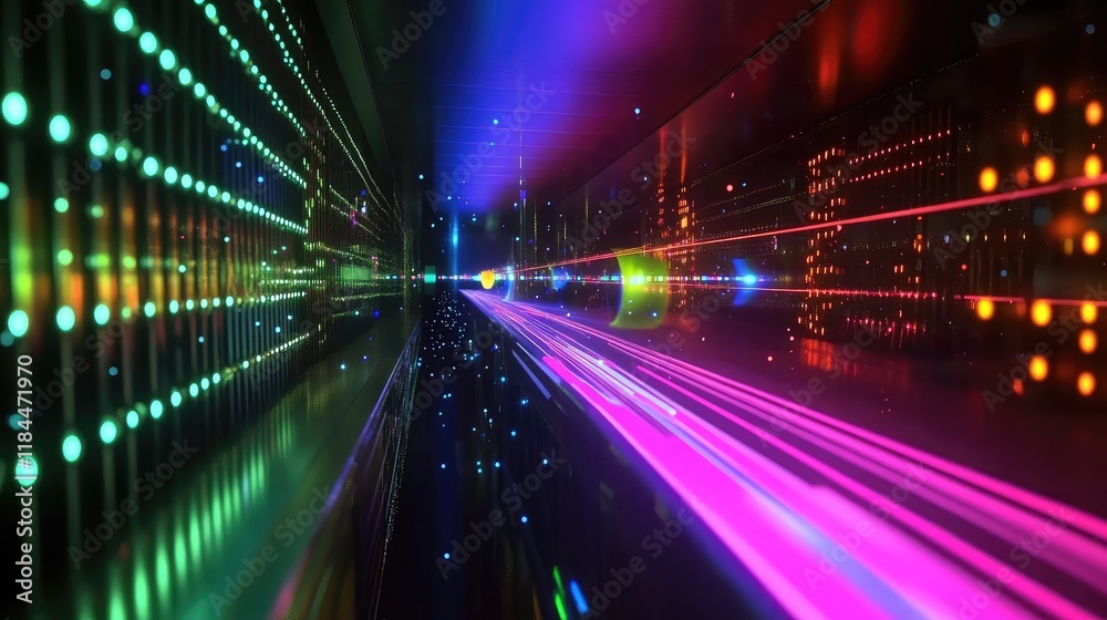 Visualization of a quantum photonic computing system, with photons navigating quantum circuits to process and transmit data at light speed Visualization of a quantum photonic computing system, with photons navigating quantum circuits to process and transmit data at light speed