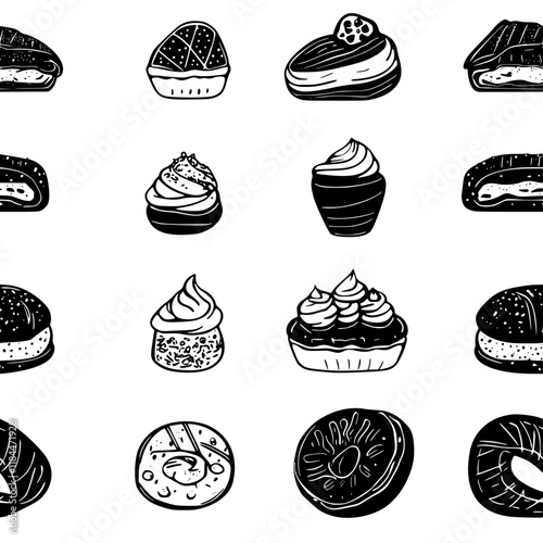 Collection of Danish pastry icons, Danish pastry vectorized seamless pattern