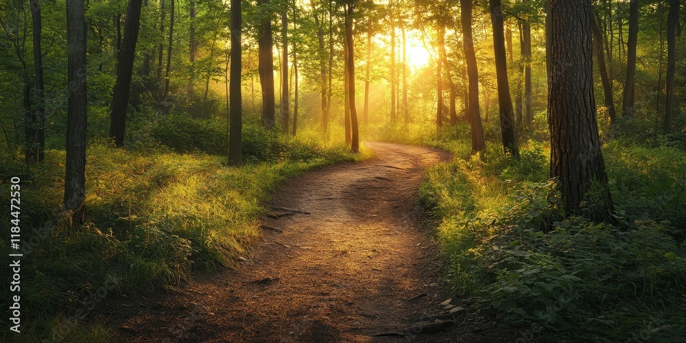 Fototapeta premium Morning walk on a scenic trail, perfect for enjoying nature. This walking trail offers a refreshing start to the day, ideal for those who love walking trails in serene environments.