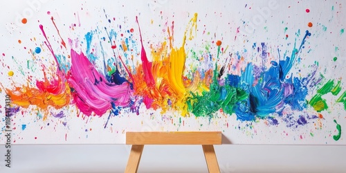 Colorful paint splashes adorn a white easel, showcasing vibrant creativity. The paint splashes on the easel create an artistic expression that s full of life and imagination. photo