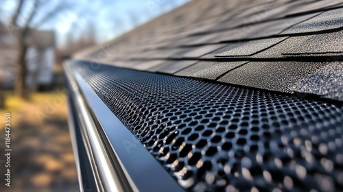 Close-up of a gutter with mesh guard on a house roof.