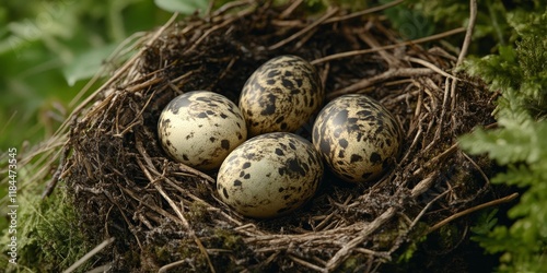 Nest of Golden Plover featuring four camouflaged eggs resting on grass, captured from an elevated view, showcasing the unique nesting behavior of this remarkable bird species. photo