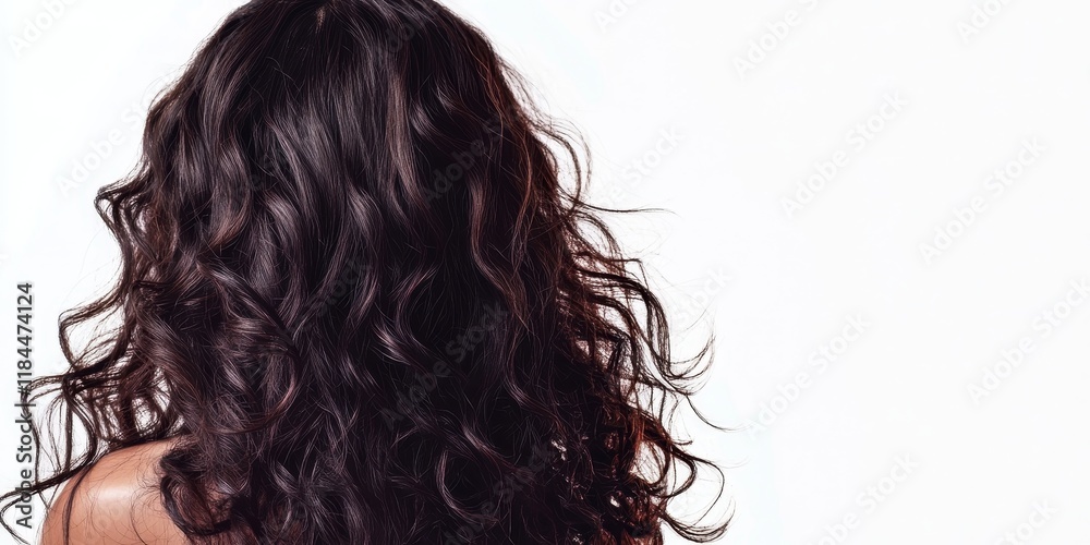 Trendy dark brown wavy locks. Extended curly hairstyle for African American women set against a white backdrop. Hair intricacy. Lovely female silhouette. Care for Asian hair types. Trendy dark brown wavy locks. Extended curly hairstyle for African American women set against a white backdrop. Hair intricacy. Lovely female silhouette. Care for Asian hair types.