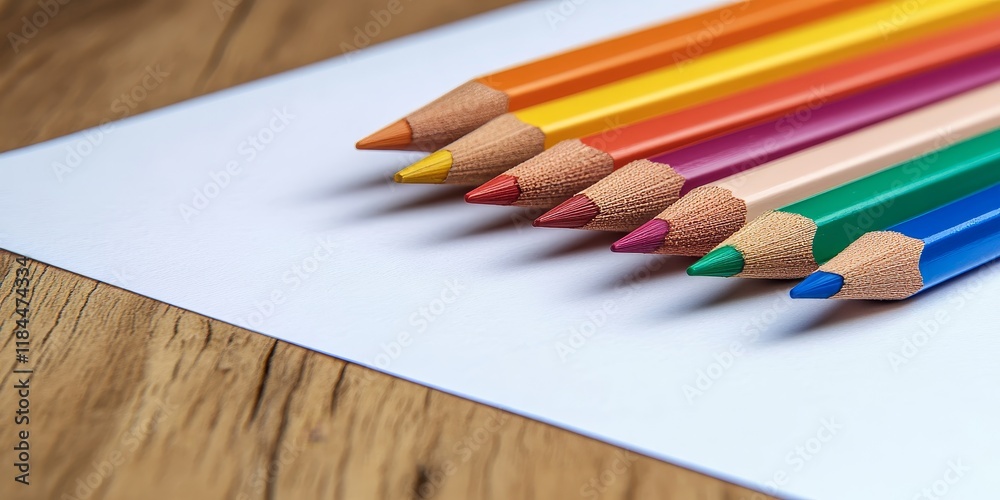 Fototapeta premium Colorful pencils arranged on a wooden table beside clear white paper, creating a vibrant workspace for artistic expression and creativity through colorful pencils.