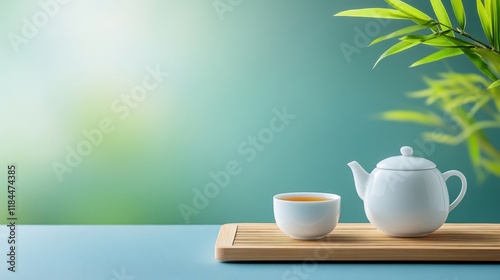 Wallpaper Mural Serene Tea Time with White Ceramic Teapot and Cup on Wooden Tray Surrounded by Lush Greenery in Soft Focus Background Torontodigital.ca