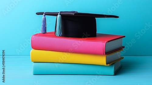 Graduation Cap on a Stack of Books:  A black graduation cap sits atop a stack of colorful books against a vibrant blue background.