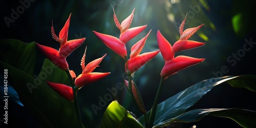 Backlit red heliconia plant flowers showcase the beauty of tropical flowers, highlighting the intricate details of these stunning Caribbean balisier blooms in a withered state. photo