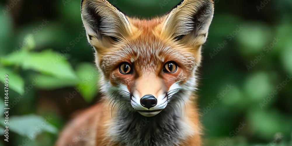 Fototapeta premium Close up of a young red fox face amidst a natural background, showcasing the intricate details of the young red fox features in its wild habitat. The young red fox captivates with its curious