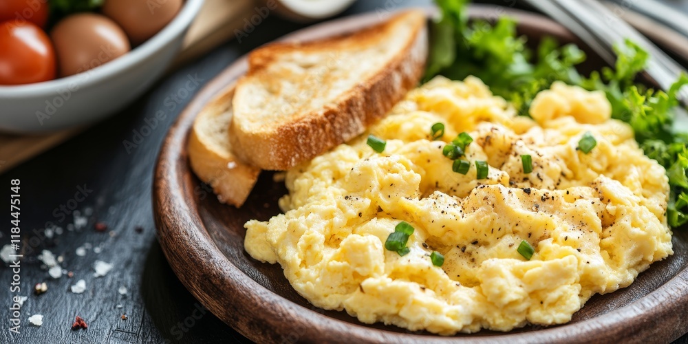 Scrambled eggs and toasts served together create a delicious breakfast, showcasing the appealing texture of scrambled eggs alongside perfectly toasted bread, with selective focus enhancing the visual Scrambled eggs and toasts served together create a delicious breakfast, showcasing the appealing texture of scrambled eggs alongside perfectly toasted bread, with selective focus enhancing the visual