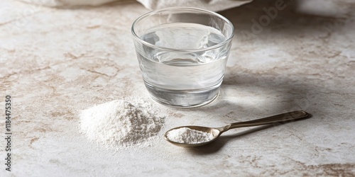 Collagen powder displayed alongside a glass of water and a spoon, emphasizing the benefits of collagen powder for hydration and wellness. Collagen powder complements daily routines effectively. photo