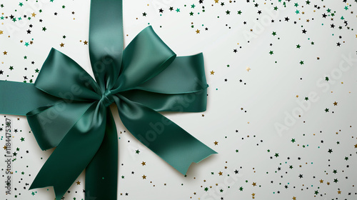 Elegant gift box craft paper wrap with emerald green satin ribbon and bow knot on a gray white background. Simple celebration gift wrap. With stars confetti design decoration. Banner, website header. 