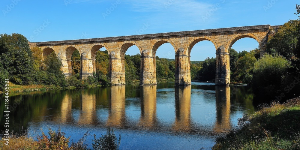 Fototapeta premium The Vanne aqueduct beautifully spans a river, showcasing the impressive architecture of the Vanne aqueduct while highlighting its significance in water transport and engineering marvels of aqueducts.