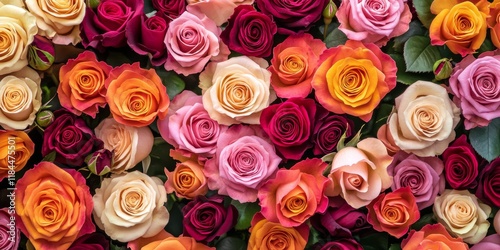 Fototapeta Naklejka Na Ścianę i Meble -  Vibrant and colorful roses create a stunning background, perfect for enhancing any project. This colorful roses background showcases the beauty and elegance of rose flowers in vivid hues.