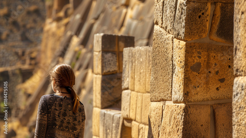 Girl look on the Beautiful view of the ruins of Ollantaytambo Inca archaeological site in southern Peru near Cusco. The royal estate of Emperor Located in the Sacred Valley of the Incas. Tourism Peru 