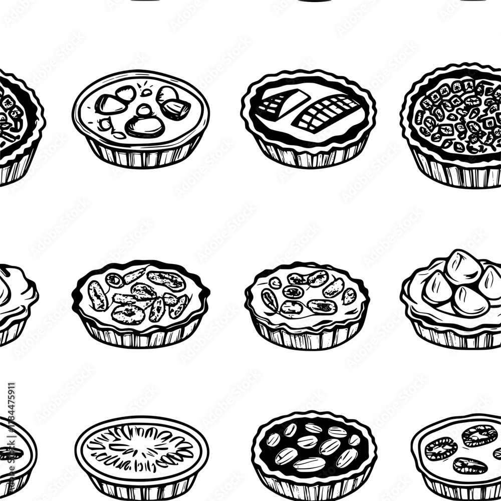 Collection of Pecan pie icons, Pecan pie illustration art, seamless pattern Collection of Pecan pie icons, Pecan pie illustration art, seamless pattern