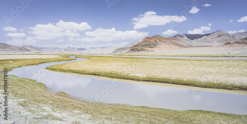 The high-mountain river Murghab flows and meanders among green meadows and fields in a mountain gorge against the background of mountain ranges with rocks and glaciers, near the city of Murgab photo