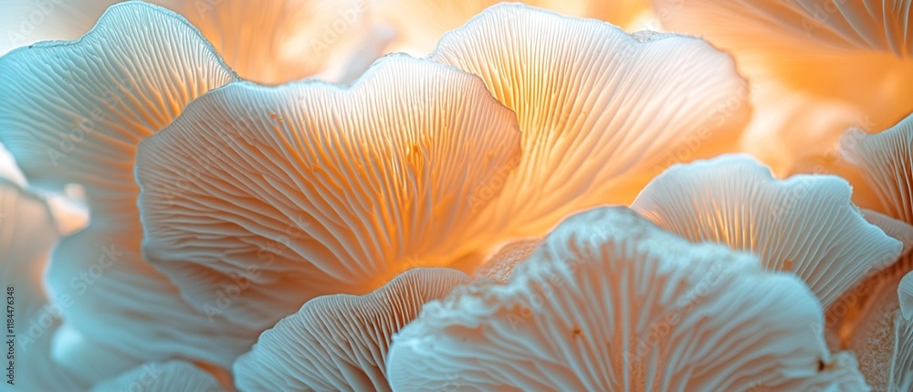 A macro photograph featuring a beautiful arrangement of mushrooms, brightly lit and set against a textured tree background. A macro photograph featuring a beautiful arrangement of mushrooms, brightly lit and set against a textured tree background.